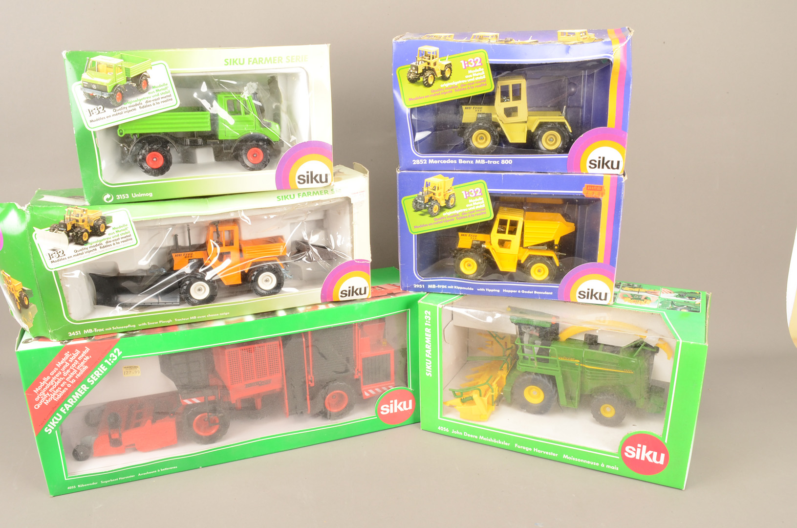 Siku 1:32 Scale Tractors and Other Farm Vehicles, a boxed group, Mercedes, 3451 MB-Trac tractor with