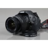 A Canon EOS 600D DSLR Camera, serial no 123063034476, powers up, shutter working, flash working,