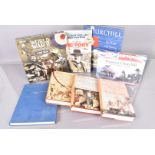 A collection of books and DVD box sets relating to Winston Churchill, including three Volumes of '