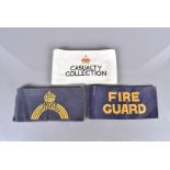 Three War Period armbands, comprising Casualty Collection, Fire Guard and Civil Defence (3)