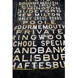 A Vintage Bus Blind, from the South/South West of England, comprising of places, including