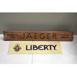 Jaeger Pure Wool, a wooden shop display counter sign, with hinged wooden stands to the reverse,