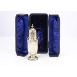 A cased late Victorian silver sugar sifter, octagonal form with neo-classical applied motifs and