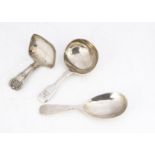 Three silver tea caddy spoons, including a Victorian fiddle pattern example with engraved family