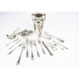 A small collection of silver plated cutlery and a WMF vase, including a pair of sardine tongs, two