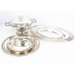 A set of four oval silver plated serving dishes, together with a matching circular tray and a tureen