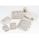 Two Art Deco period silver cigarette cases and other items, including the top of a Victorian