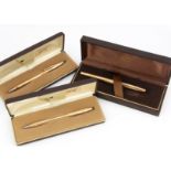 A set of three Cross pens and pencil, each in a brown Cross box, with gold plated fountain pen, a