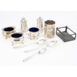 Five silver cruet items and other silver and plate, including a pair of trench salts with liners,