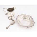 Three second half 20th century items of silver, including a Georgian style cream jug, a bon bon dish