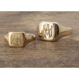Two 9ct gold signet rings, one large with MA monogram ring size U, other marked WP ring size M, 8.6g