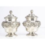 A pair of nice antique style tea caddies, 13.5cm high, 27.5 ozt, with engraved family crest and
