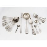 A collection of Victorian and later silver spoons, including a sauce ladle, a pickle fork and