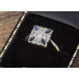 An Art Deco sapphire and diamond tablet ring, in 18ct and plat, the shaped setting set with old