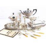 A collection of silver and silver plate, including a George V silver sugar bowl with Celtic design