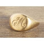 A gold signet ring, with engraved initials, rubbed hallmarks, ring size R, 8.5g