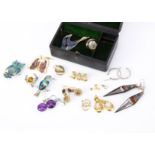 A small collection of brooches and earrings, including a Kingfisher brooch, an Owl example, an
