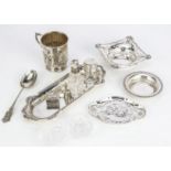 Six Victorian and later silver items and other small items, including a candle snuff stand, a pin