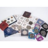 A collection of British coins, in a shoe box, including an 1890 double florin, F, a US style coin,