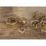 A collection of 9ct gold jewels, including a pierced heart shaped ring, a heart shaped pendant,