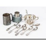 A small collection of Victorian and later silver, including a set of six teaspoons, a napkin ring, a