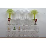 A collection of assorted glassware, including four coloured shaped vases, a pair of Bohemian