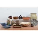 A collection of studio pottery, including a large glazed stoneware vase, with impressed mark,