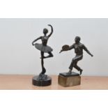 A bronze sculpture of a ballerina, on a circular marble base, indistinctly named A. Sarr? 31.5cm