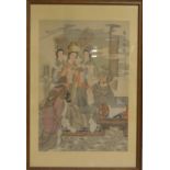 A Chinese watercolour painting on silk, depicting women waiting on a reclining man, with a signature