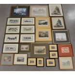 A large collection of framed works, including seven prints of birds, book plates of St Andres,