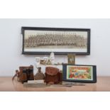 A mixed lot of collectables, comprising a large WWI era regimental photo, a pair of binoculars,