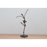 A contemporary bronze sculpture of a ballerina/dancing lady, raised on a square marble base, total