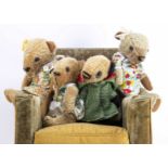 Four KatieMay artist bears, including Mrs Ellie Bear with card tag, Polly Panda in a green coat with