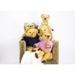 Five post-war British teddy bears, including a golden mohair bear with orange and black glass