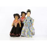 Two British cloth Gypsy night-dress case dolls, with pressed cloth faces, brown painted side