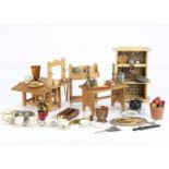 Dolls’ house kitchen furniture and equipment, a German cream painted wooden dresser with printed