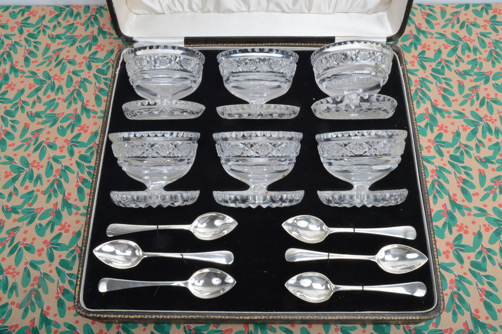 A lovely set of six cut glass sorbet footed bowls, in fitted black box, with a set of six silver - Image 2 of 2