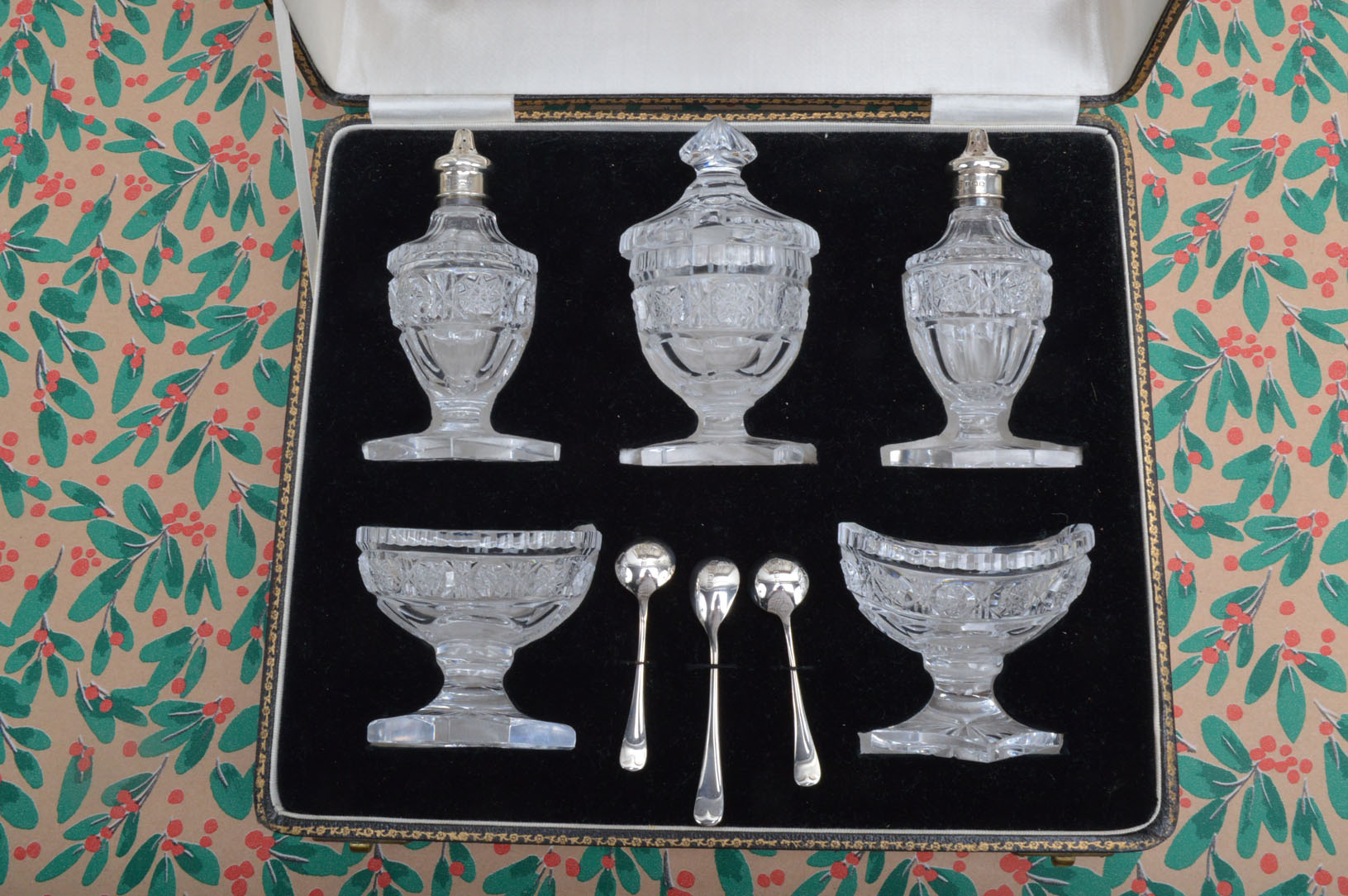 A nice Edwardian period cut glass five piece cruet set, in fitted black box, with pair of salts, - Image 2 of 2