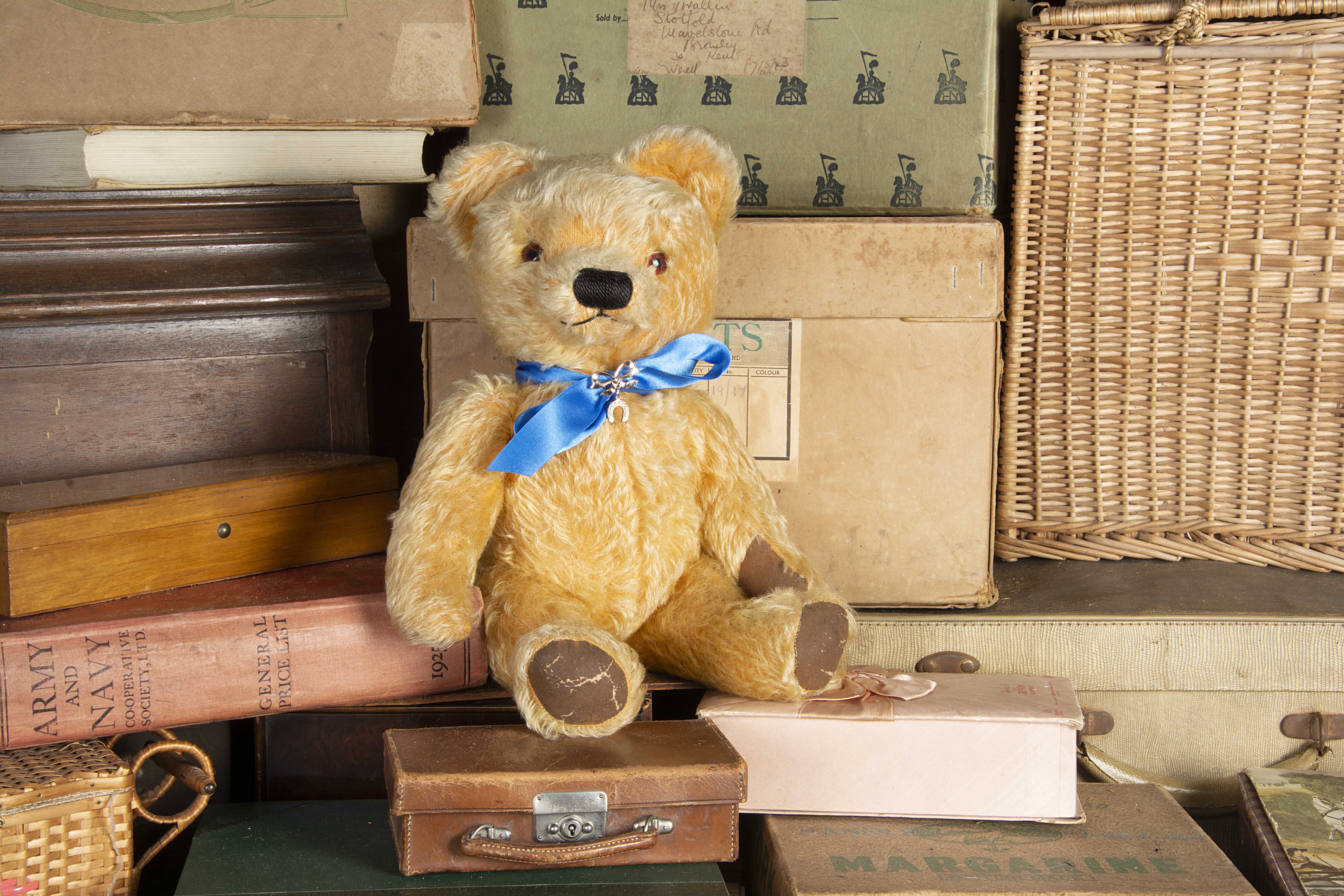 Lucky - a post-war Chad Valley musical Teddy Bear, with golden mohair, orange and black glass