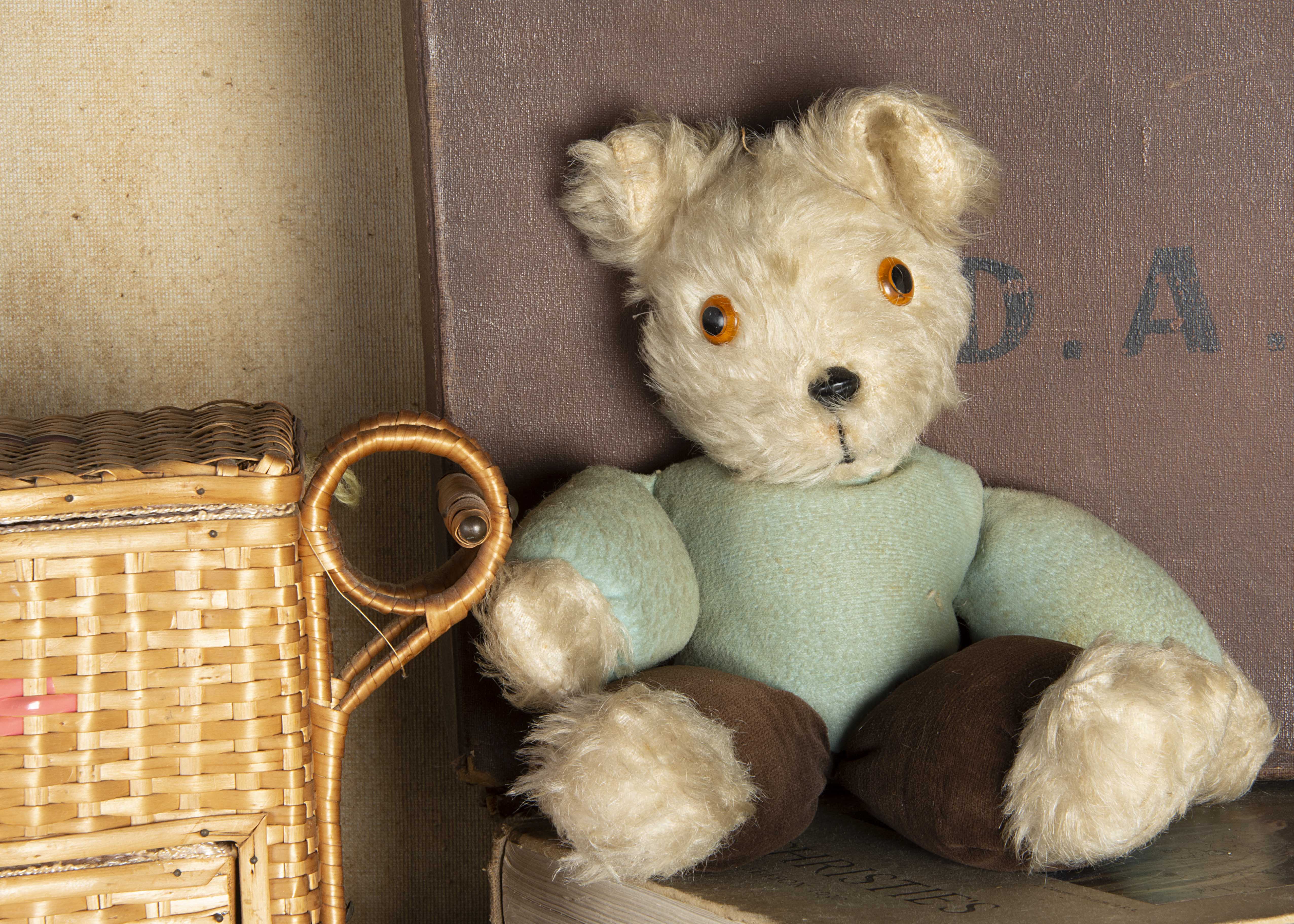 Dempster - a Pedigree dressed Teddy Bear 1950s, with white mohair head, hands and feet, orange and