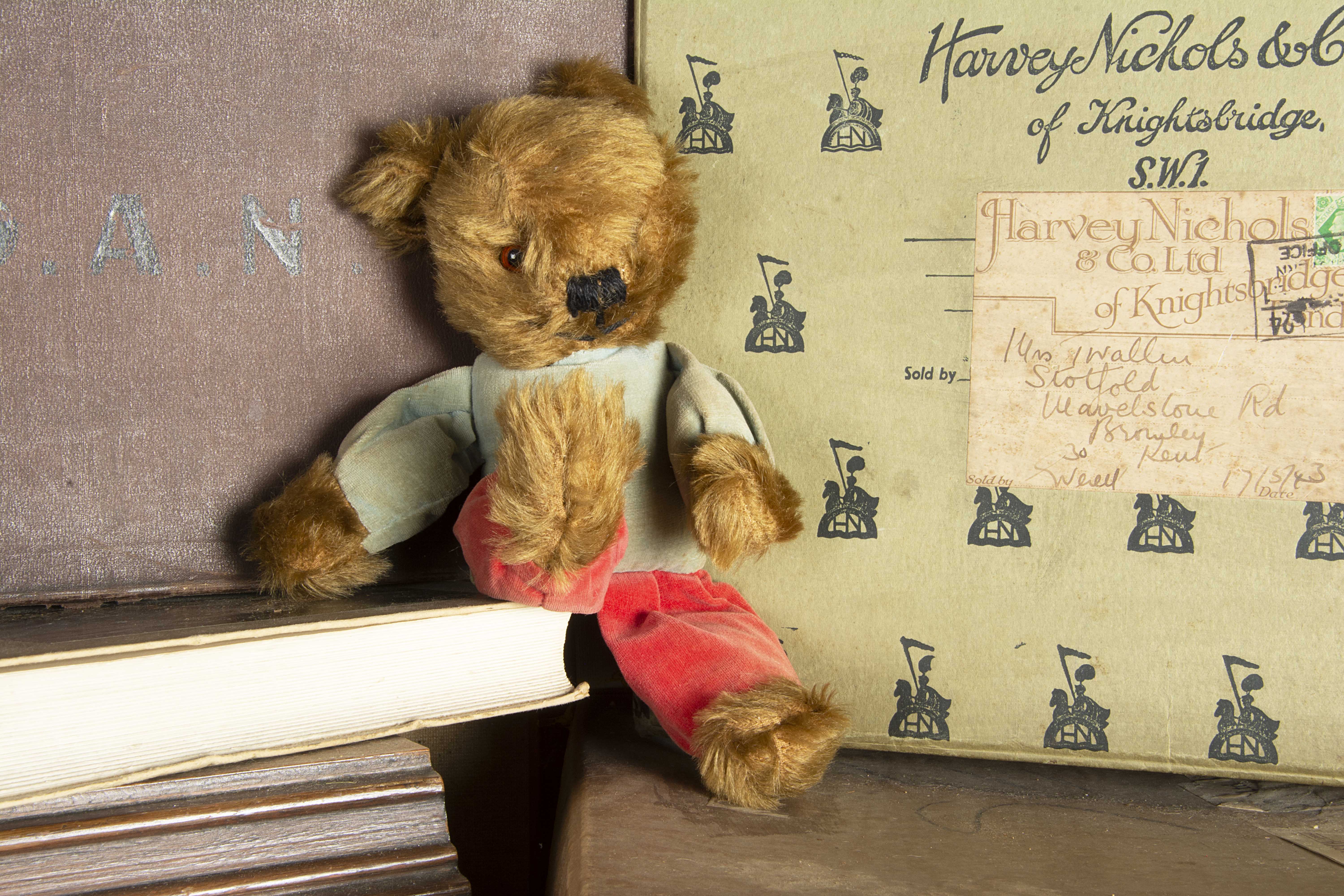 Tubney - a Pedigree dressed Teddy Bear 1950s, with brown mohair head, hands and feet, orange and