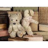 Melford and his rabbit friend, a Japanese seated Teddy Bear with white wool plush, orange and