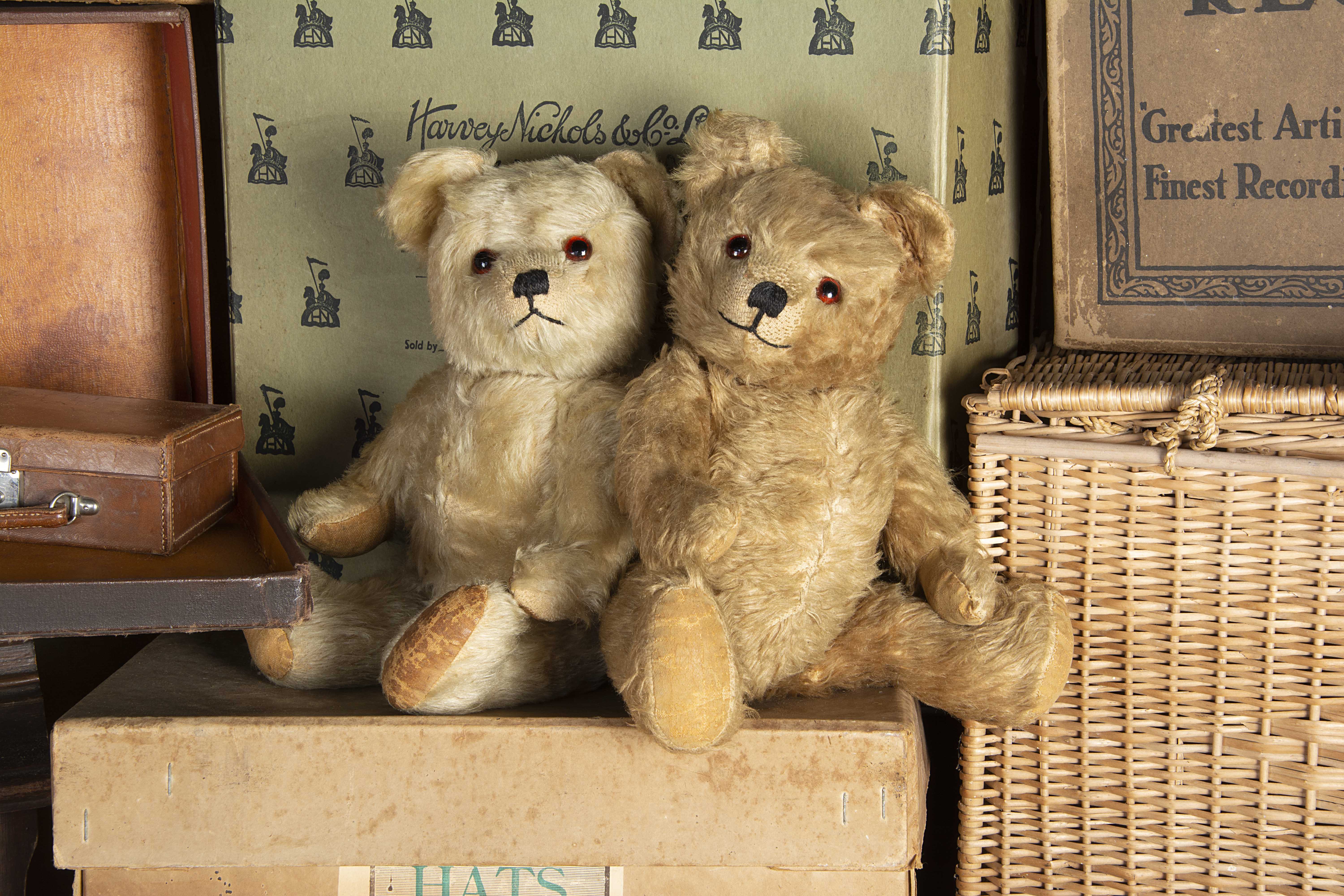 Twin Farnell Teddy Bears 1940s, one with blonde mohair and one with dark blonde, both with orange