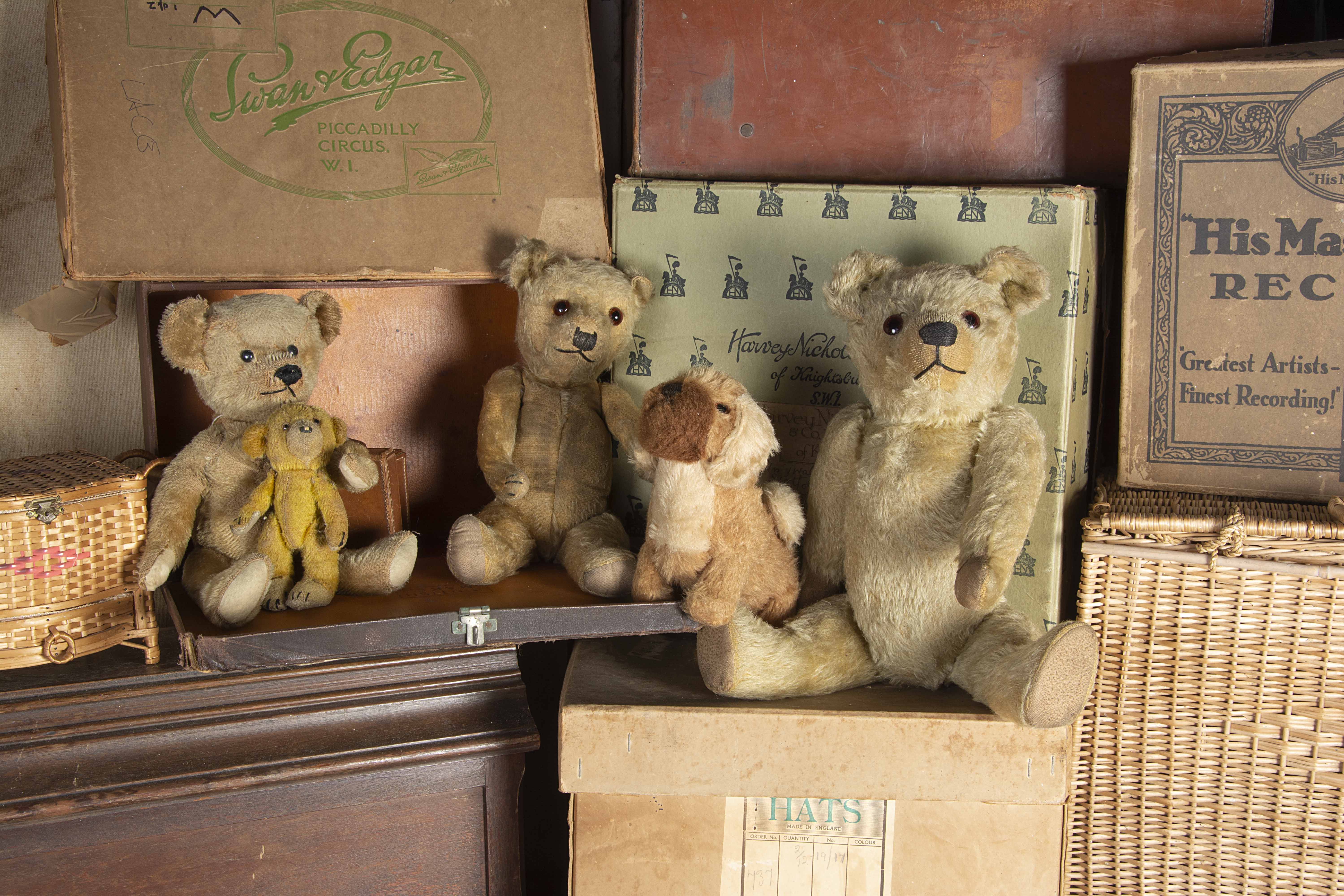 Four Teddy Bear lifelong companions and a dog, a 1920s British Teddy Bear with blonde mohair, orange