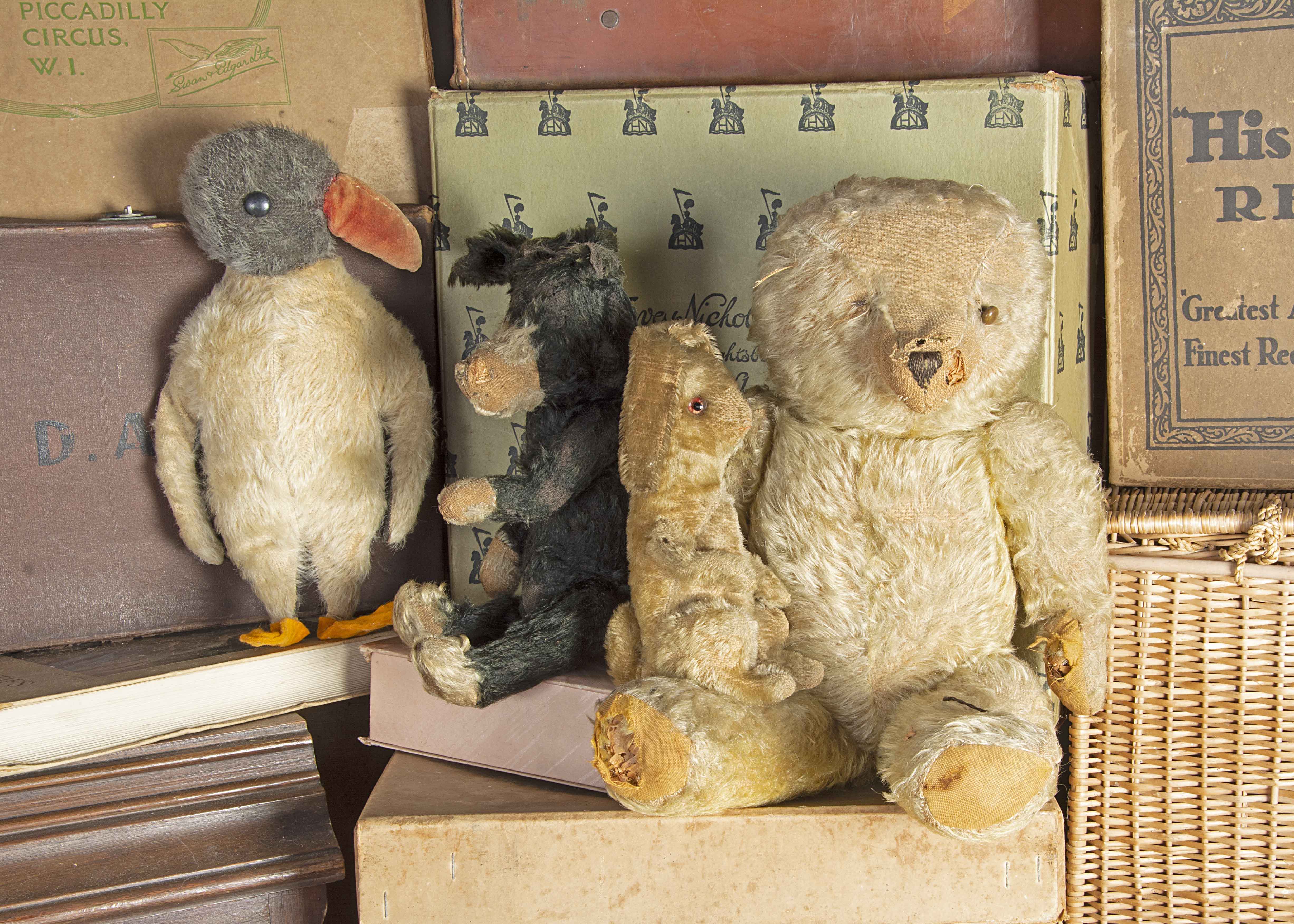 Farnell Pip Squeak and Wilfred soft toys and their Teddy friend 1920s, Pip the dog with black