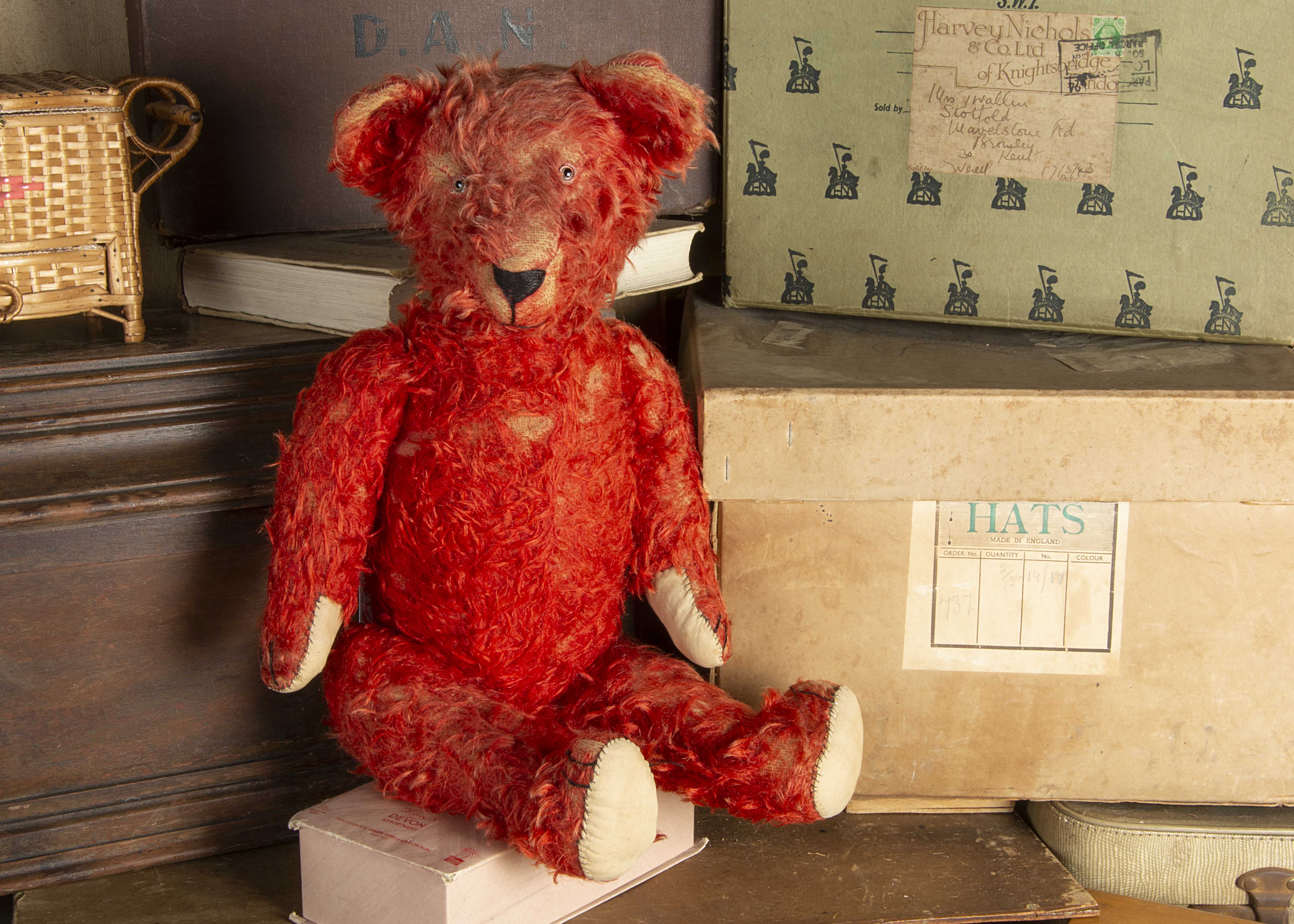 Will Scarlet - a German red mohair 1930s Teddy Bear, with replaced glass eyes, pronounced muzzle,