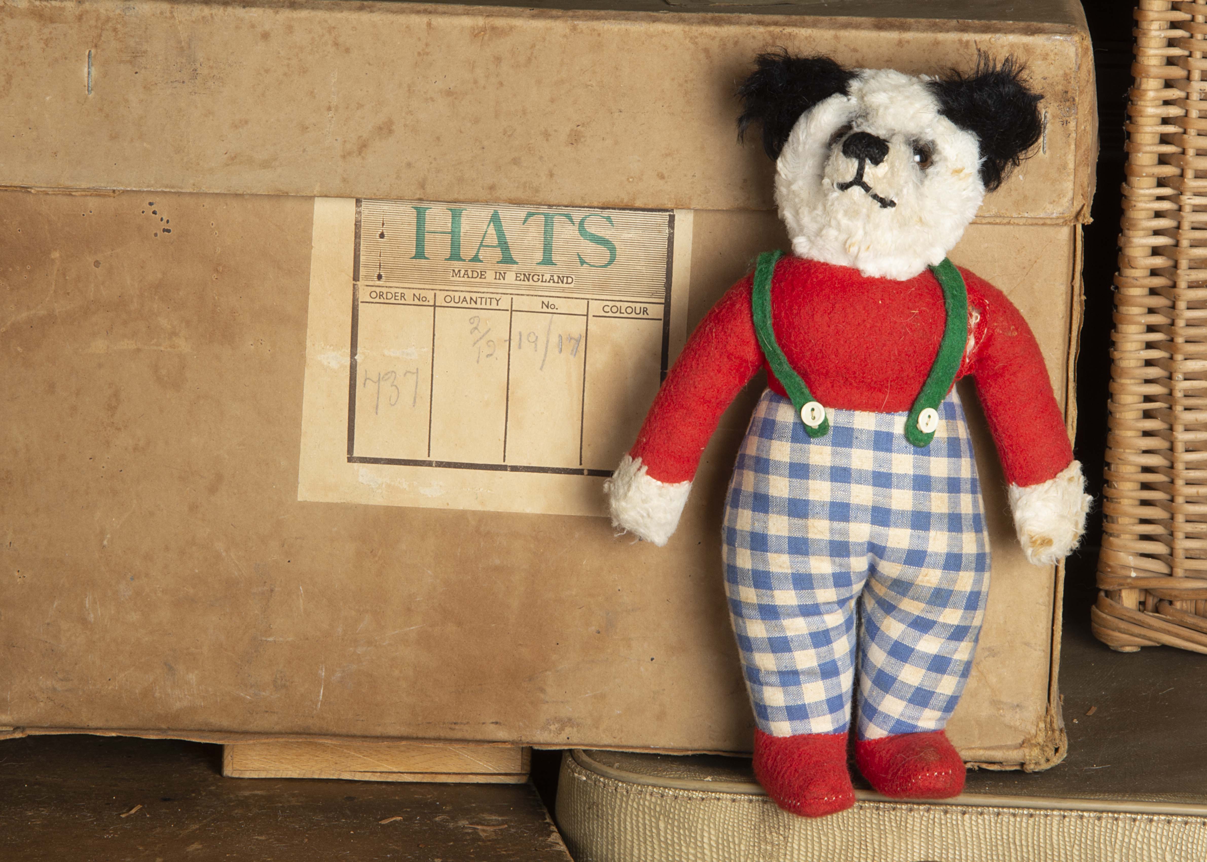 Teeny Tim - a post-war Dean’s Rag Book Co dressed Panda Teddy Bear, with black and white