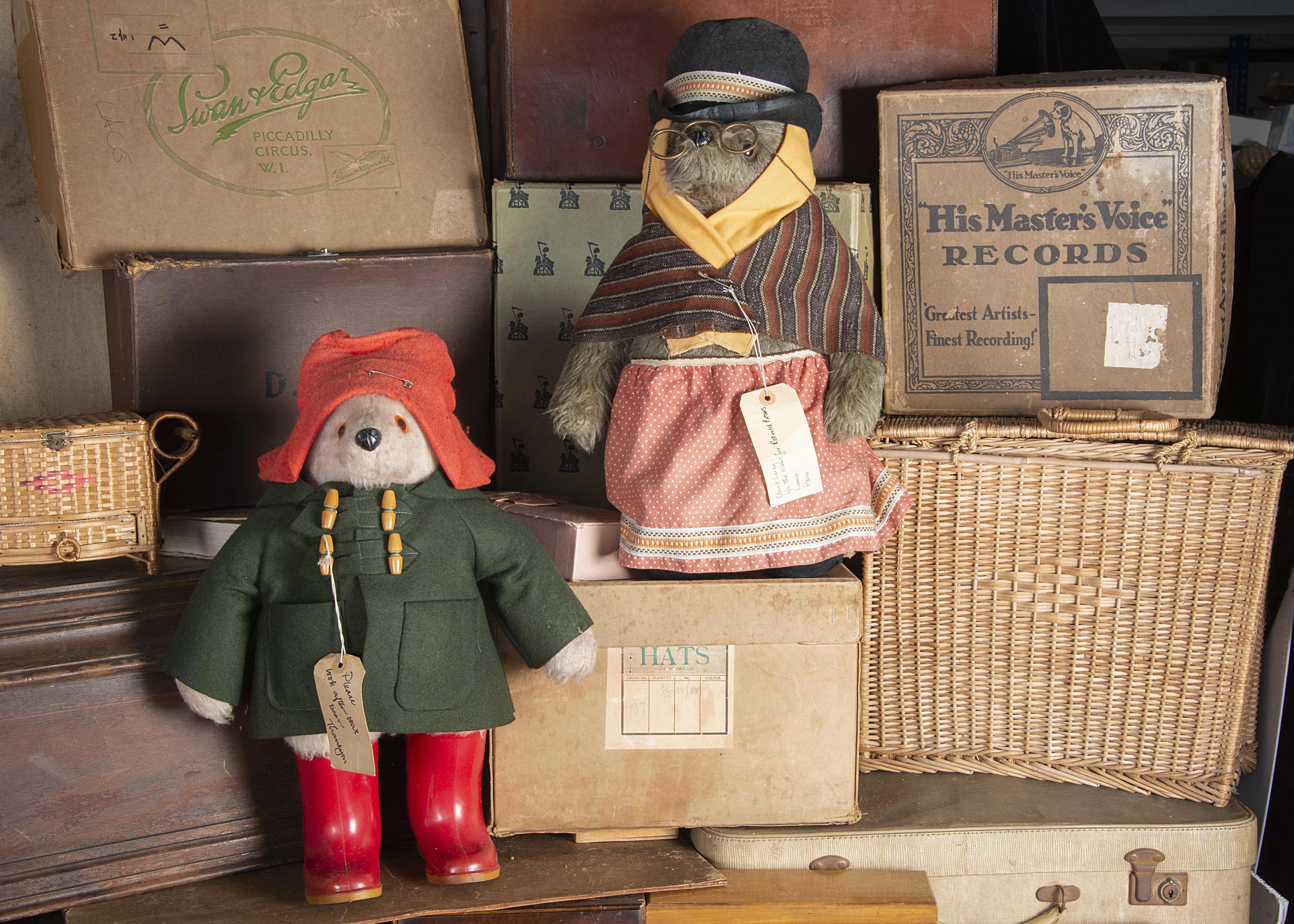 A Gabrielle Design Paddington and Aunt Lucy, Paddington with green duffle coat, red hat, red