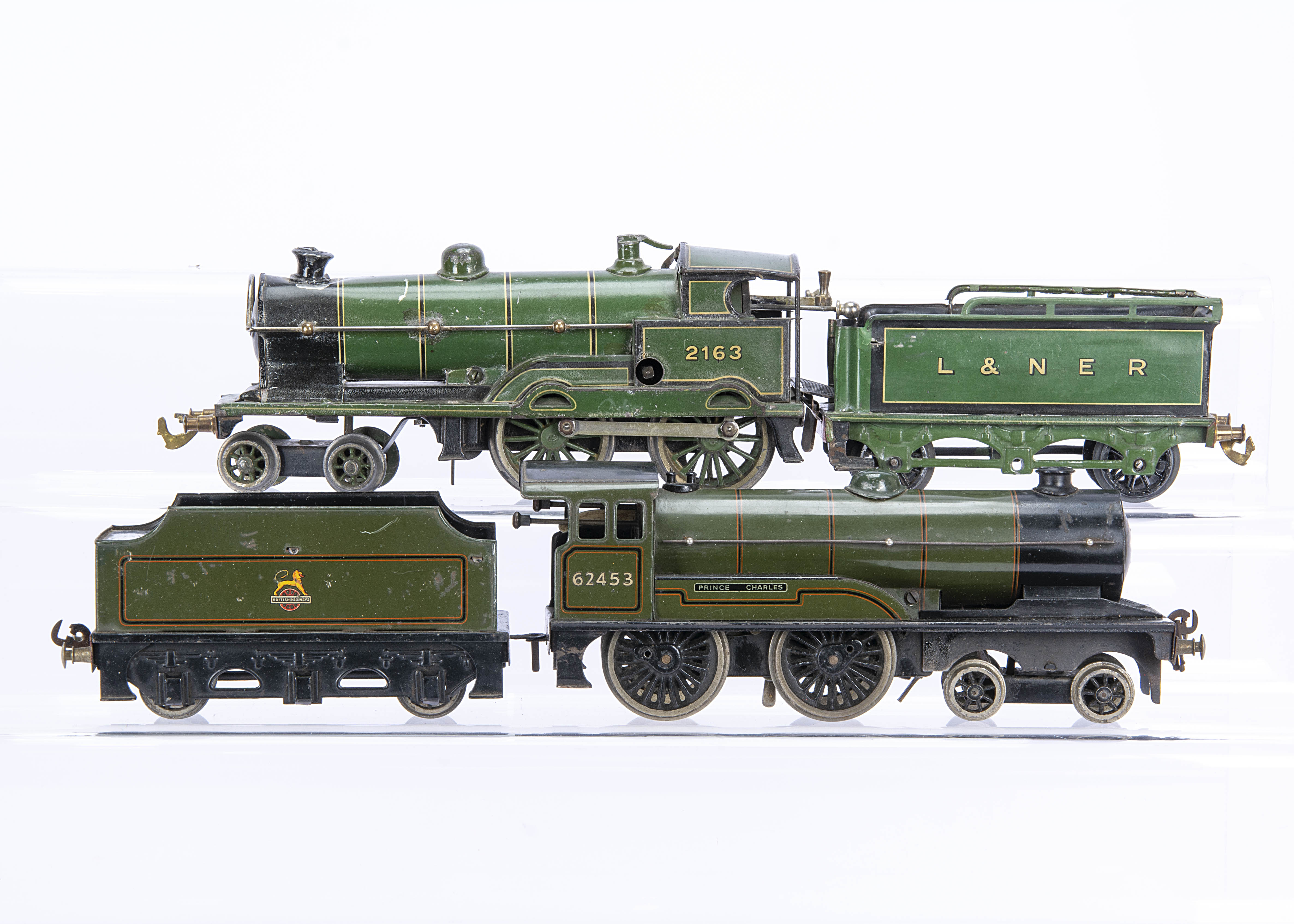 Two Bing and Bassett-Lowke 0 Gauge clockwork 4-4-0 Locomotives and Tenders, Bing L&NER No. 2163 (