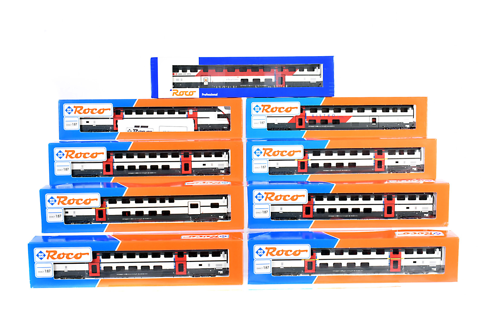 Roco H0 Gauge Swiss Bi- Level Coaches, a boxed rake of nine coaches, 45470, 45460, 45462.1, 45465,